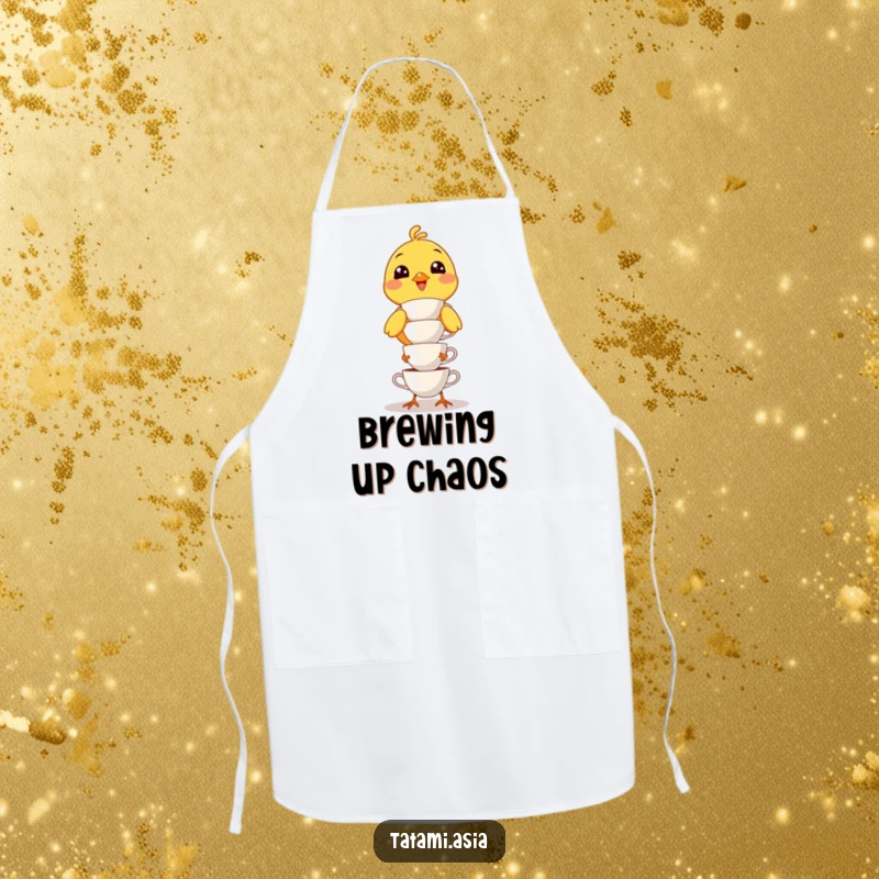 Funny yellow bird apron, cheerfully attempting to balance a towering stack of miniature teacups while cooking.