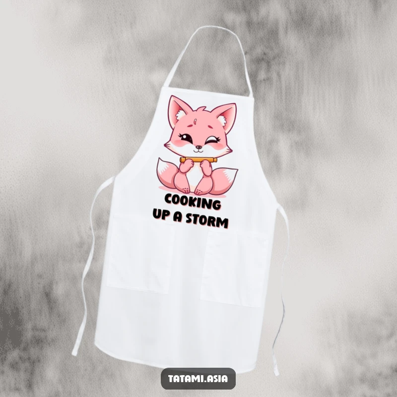 Funny pink fox apron, mischievous grin, playing a miniature flute while playfully directing kitchen activities.