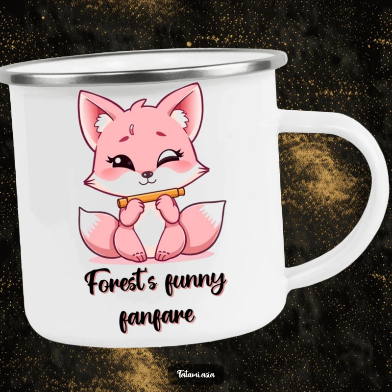 Funny pink fox camping mug, giggling with a mischievous expression, playing a miniature flute in the wilderness.