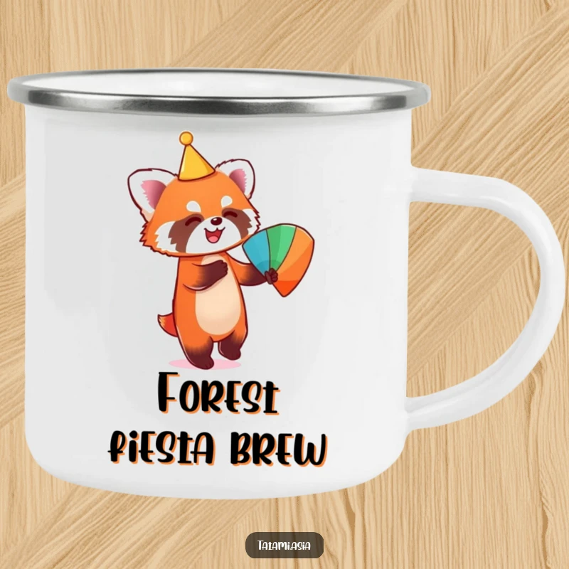 Funny camping mug with a playful red panda wearing a conical hat and dancing with a colorful fan.