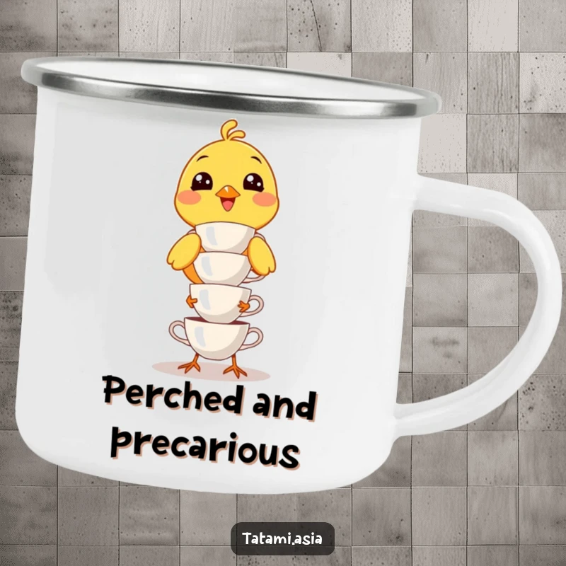 Funny yellow bird camping mug, smiling wide, hilariously trying to balance a stack of small teacups outdoors.
