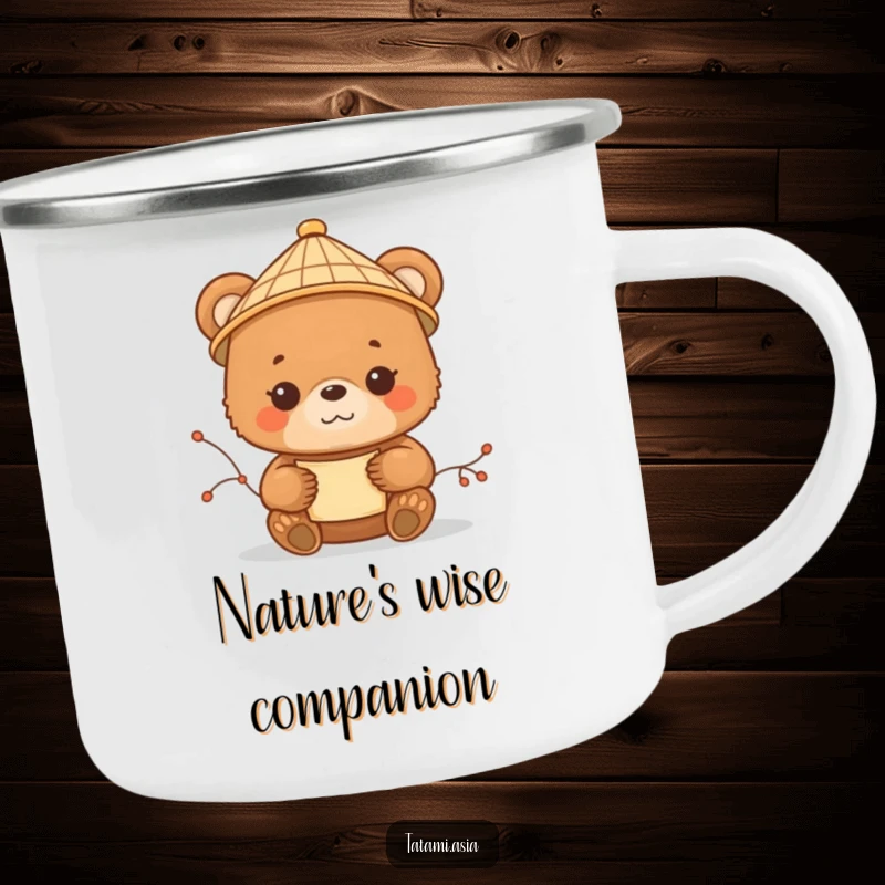 Funny brown bear cub camping mug, wearing a bamboo hat, holding a scroll, enjoying the great outdoors.