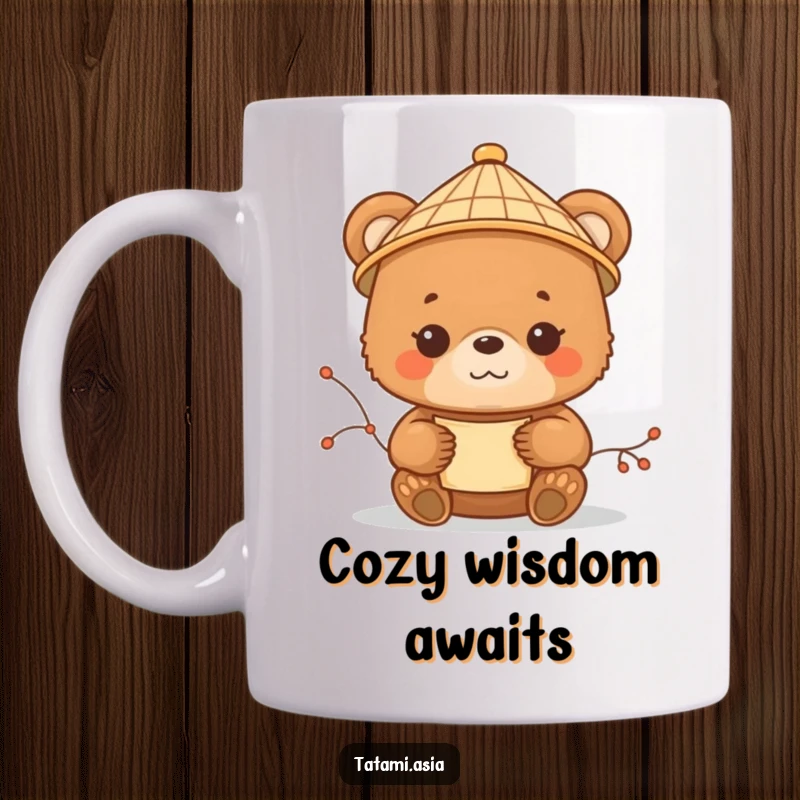 Funny brown bear cub mug, wearing a small bamboo hat, holding a delicate scroll with a content expression.