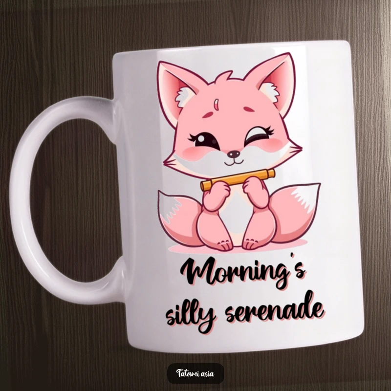 Funny pink fox mug, with a mischievous glint, giggling while playing a miniature flute with joyful abandon.