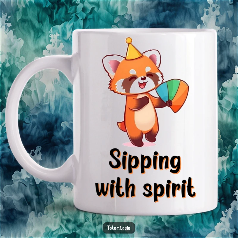 Funny mug with a playful red panda wearing a conical hat and joyfully dancing with a colorful fan.
