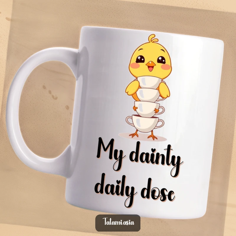 Funny yellow bird mug, cheerfully balancing a precarious stack of miniature teacups with a wide, determined smile.