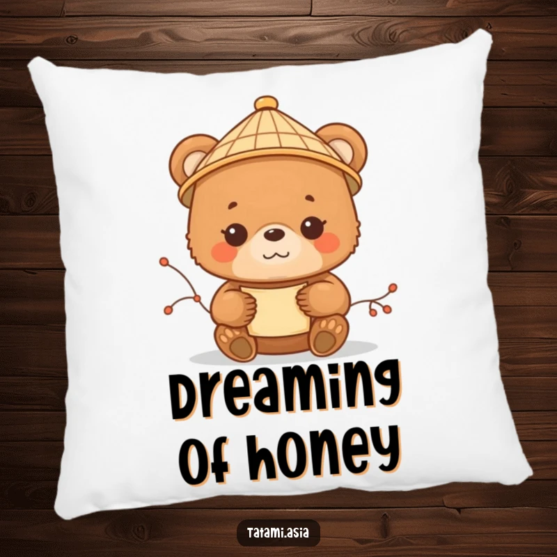 Funny brown bear cub pillow, wearing a bamboo hat, holding a scroll, radiating a peaceful, content vibe.