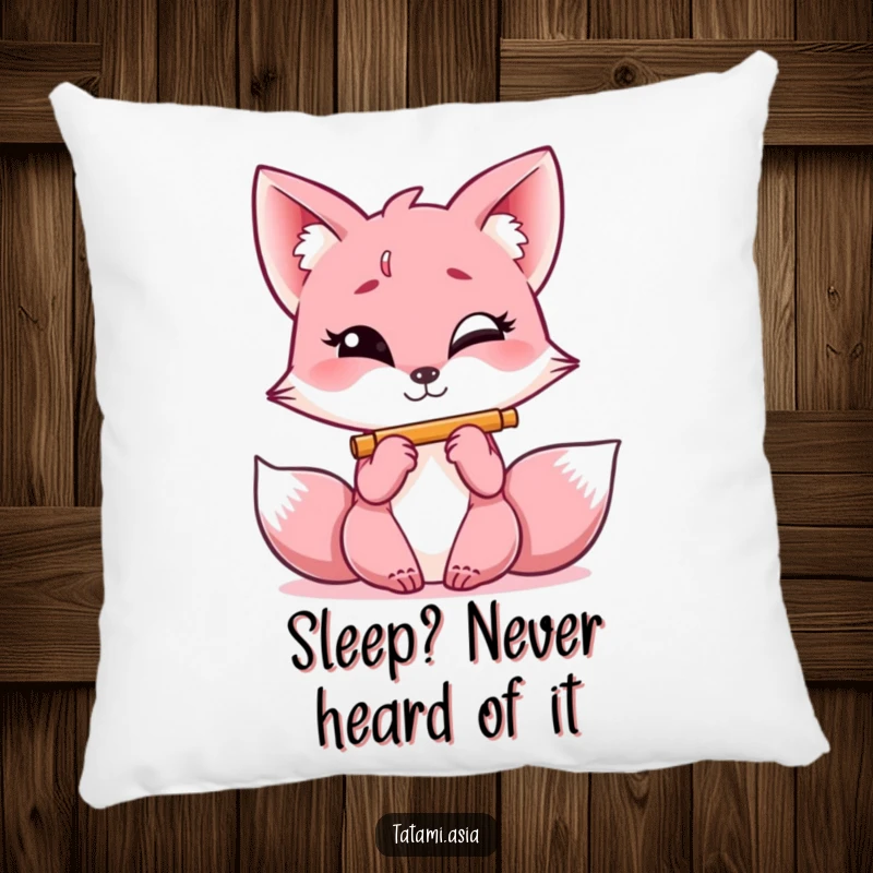 Funny pink fox pillow, giggling with a mischievous twinkle, playing a tiny flute with cheerful delight.