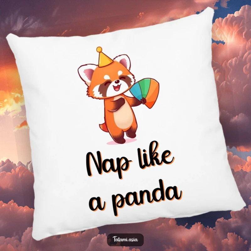 Funny pillow featuring a playful red panda in a conical hat, dancing with a colorful fan.