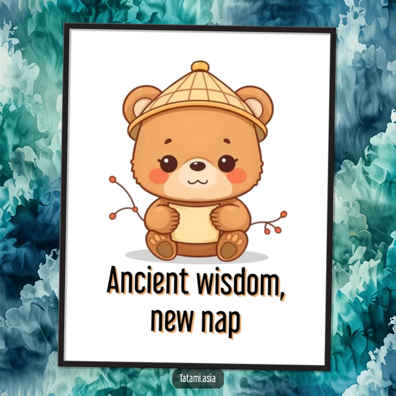 Funny brown bear cub digital art print, wearing a bamboo hat, holding a scroll, radiating peace, high resolution.