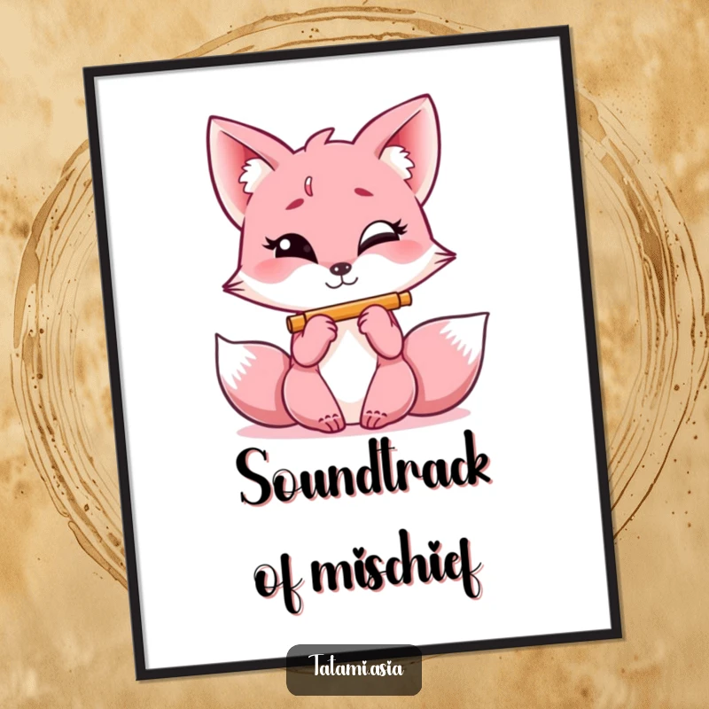 Funny pink fox digital art print, giggling with a mischievous glint, playing a miniature flute, high resolution.