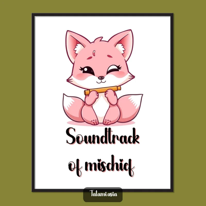 Funny Pink Fox Flute Digital Art: Instant Whimsical Decor Download