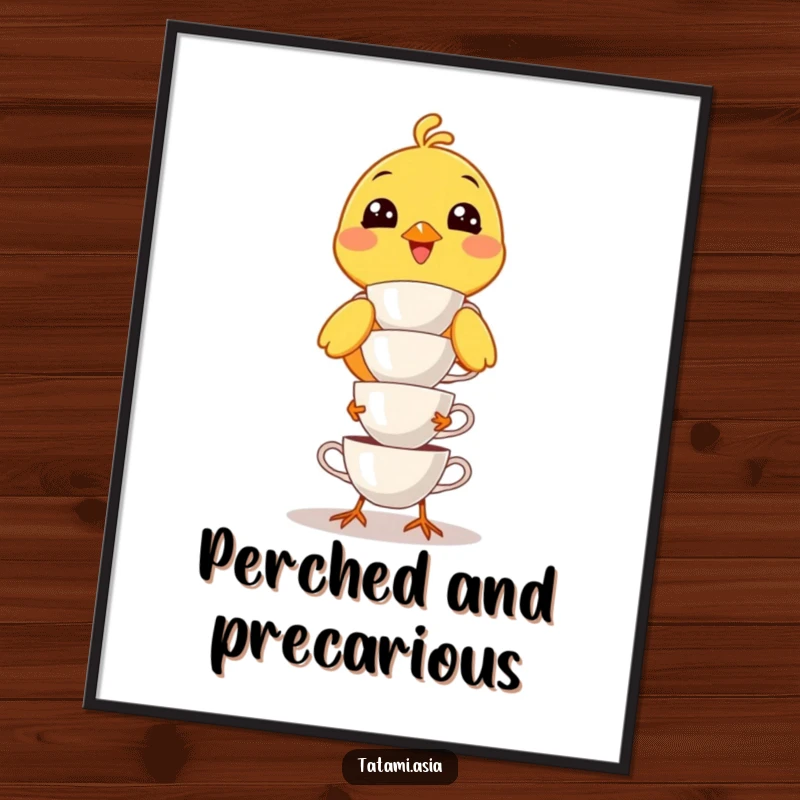 Funny yellow bird digital art print, smiling widely, attempting to balance a stack of tiny teacups, high resolution.