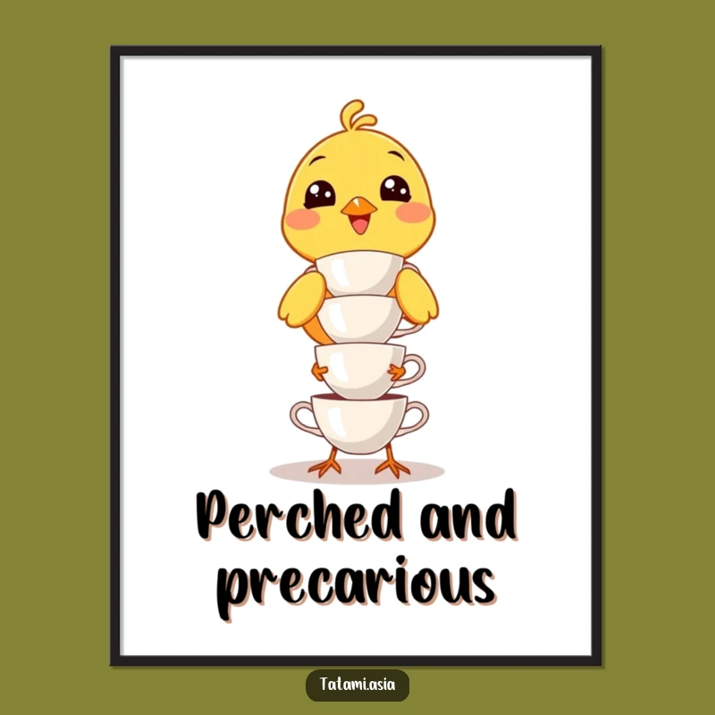 Funny Yellow Bird Teacup Balancing Digital Art: Instant Hilarious Decor Download