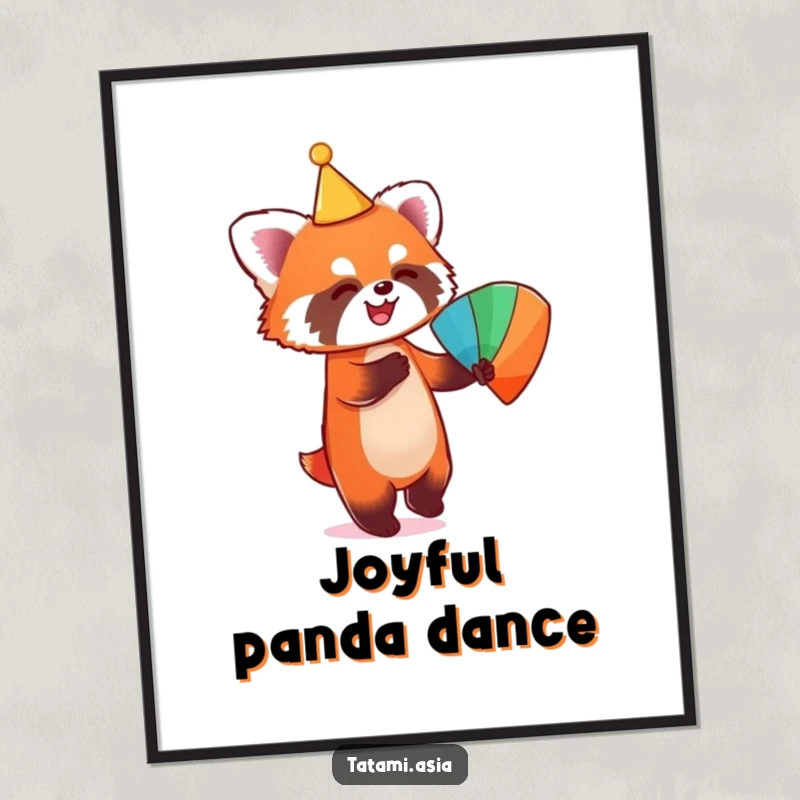 Funny digital art print of a playful red panda wearing a conical hat, joyfully dancing with a colorful fan.
