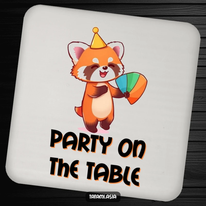Funny set of coasters featuring a playful red panda in a conical hat, dancing with a colorful fan.