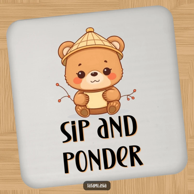 Funny brown bear cub drink coasters, wearing a bamboo hat, holding a scroll with a serene expression.