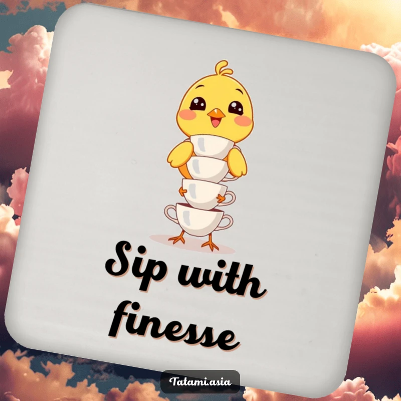 Funny yellow bird drink coasters, wide smile, precariously balancing a miniature stack of teacups on a table.