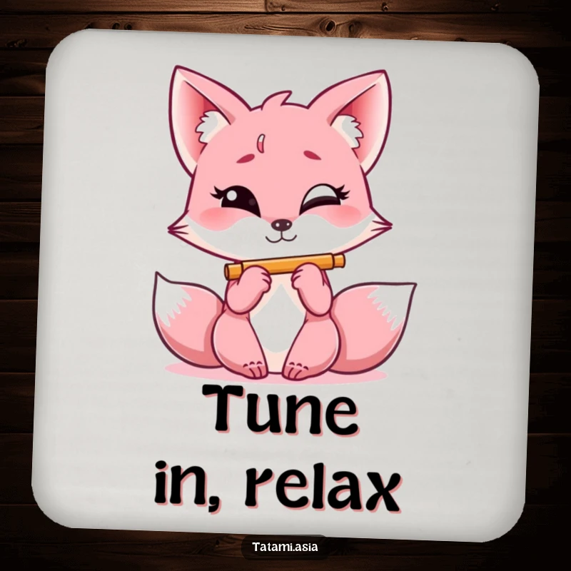 Funny pink fox drink coasters, giggling with a mischievous glint, playing a miniature flute on tabletops.