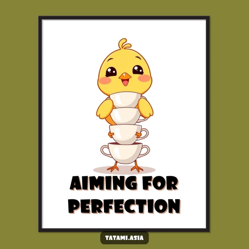 Funny Yellow Bird Teacup Balancing Poster: Hilarious Wall Art for a Cheerful Home