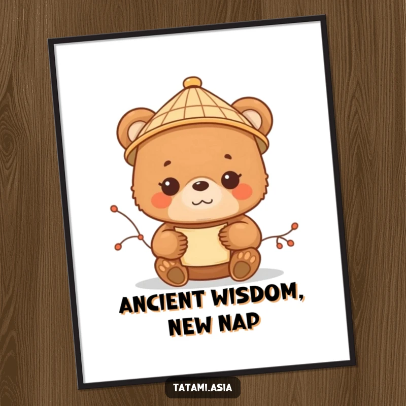 Funny brown bear cub poster, wearing a small bamboo hat, holding a delicate scroll with a look of pure contentment.