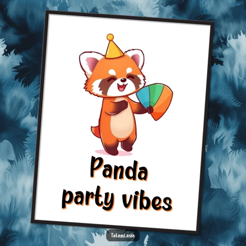 Funny poster of a playful red panda wearing a conical hat and dancing with a colorful fan.