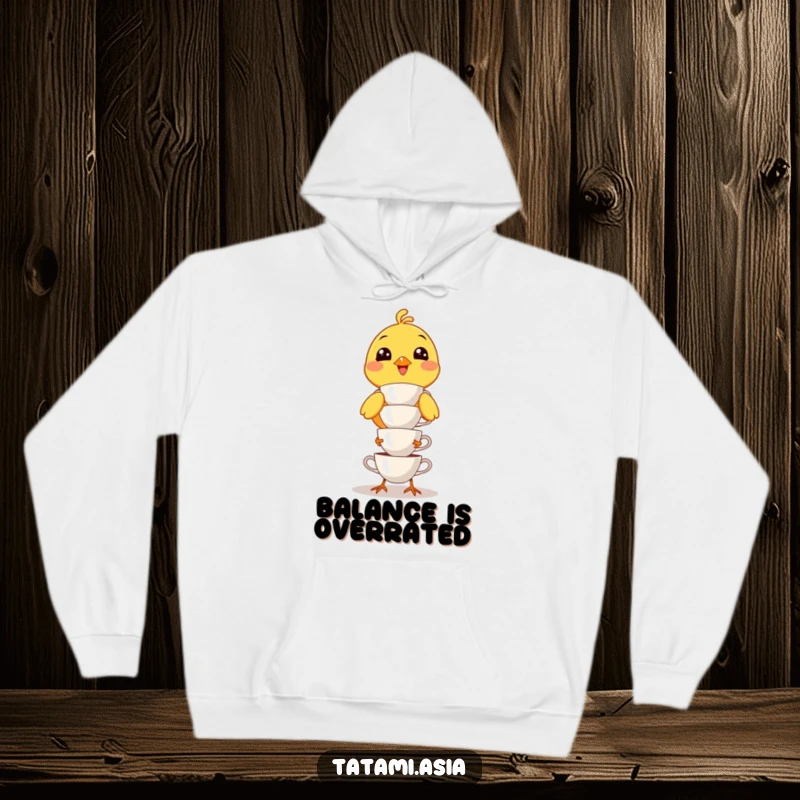 Funny yellow bird hoodie, precariously stacking tiny teacups, wide smile, radiating pure, comical joy and effort.