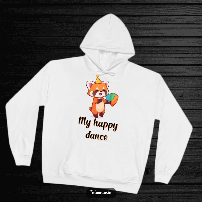 Funny hoodie with a playful red panda wearing a tiny conical hat and dancing with a colorful fan.