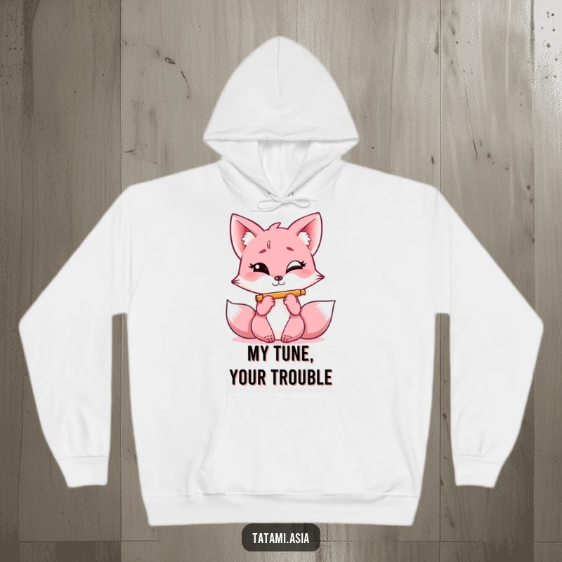 Funny pink fox hoodie, giggling with a glint in its eye, playing a small flute, radiating cheerful mischief.