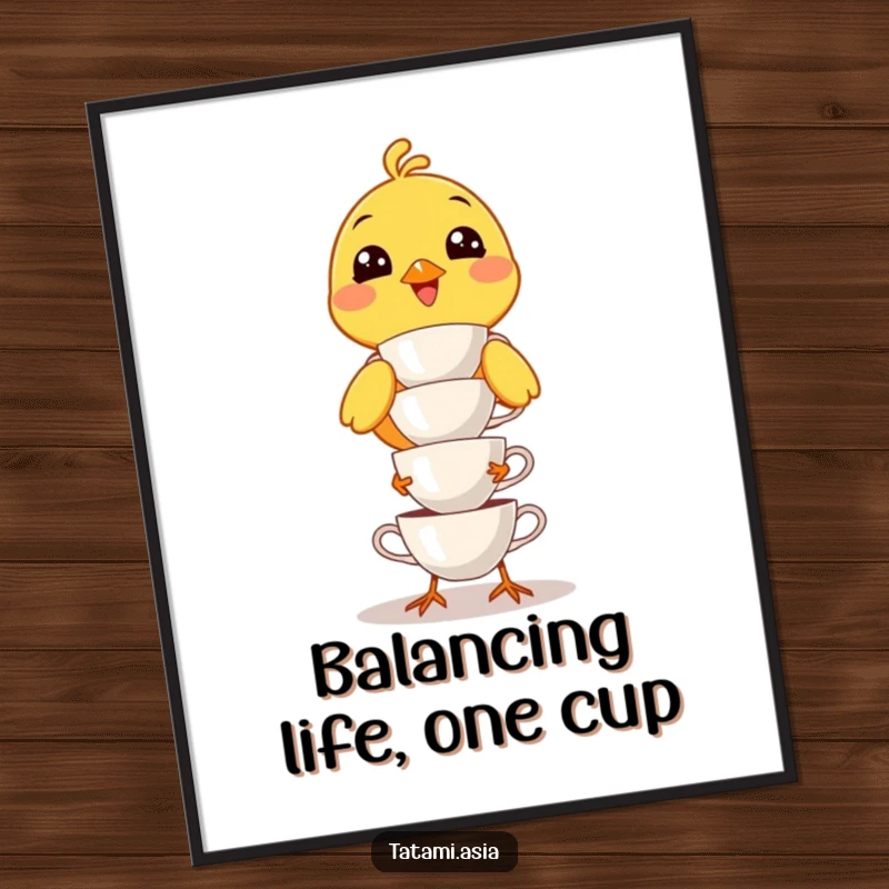 Funny Free Printable Wall Art: Cheerful yellow bird with a wide smile, humorously attempting to balance a stack of tiny teacups.