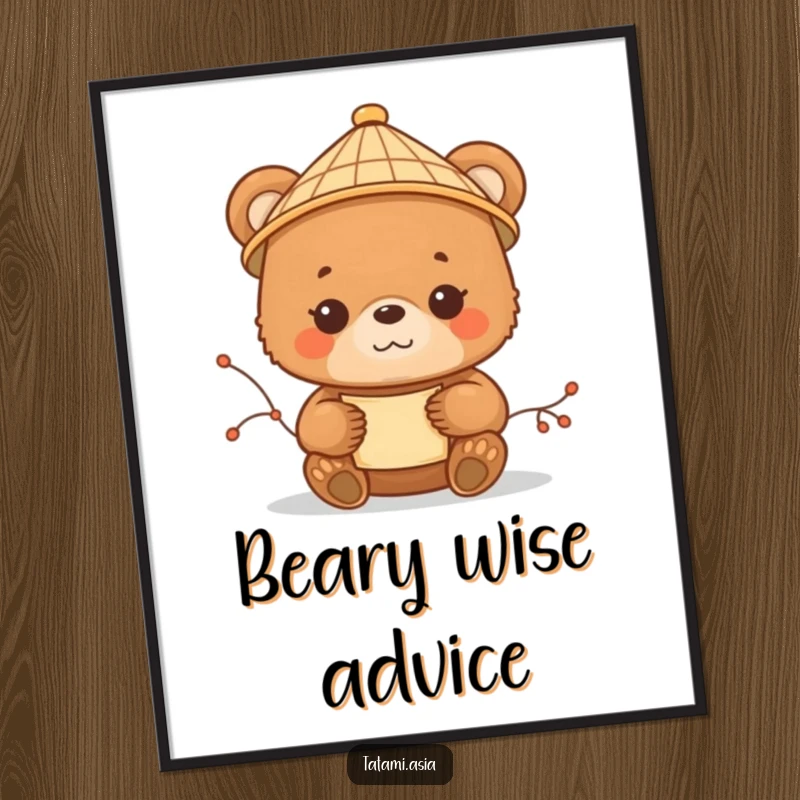 Cute Free Printable Wall Art: A content brown bear cub wearing a small bamboo hat, holding a delicate scroll.