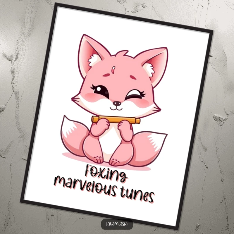 Funny Free Printable Wall Art: A giggling pink fox with a mischievous glint, playing a miniature flute.