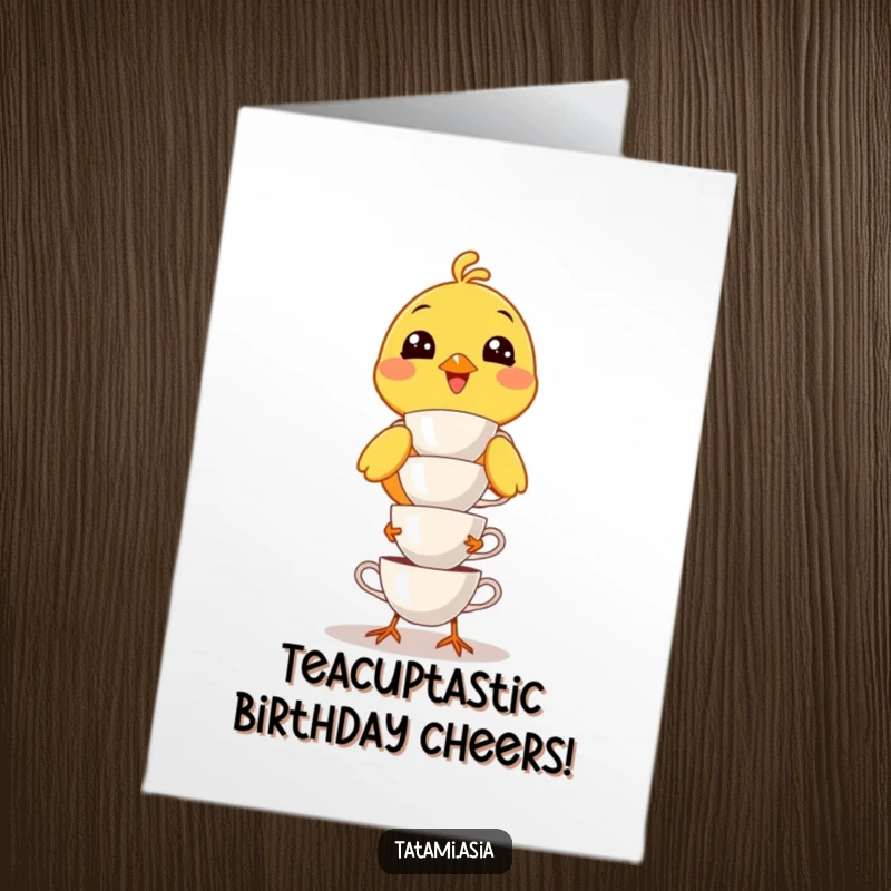 Funny Free Printable Birthday Card: Yellow bird smiling widely, struggling to balance a precarious stack of tiny teacups.