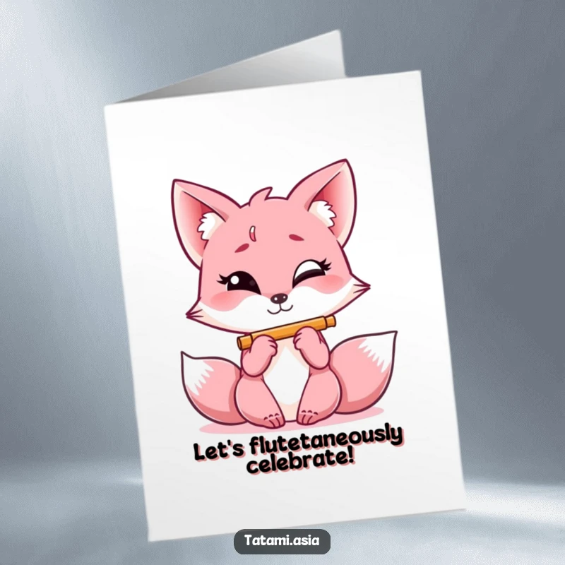 Funny Free Printable Birthday Card: Giggling pink fox with a sly grin, playing a miniature flute with pure joy.
