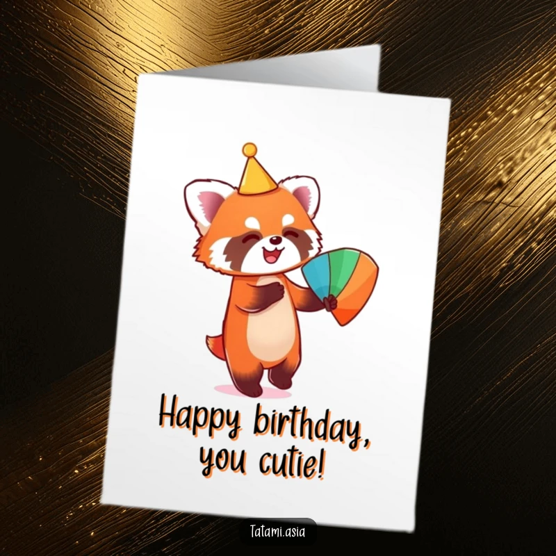 Funny Free Printable Birthday Card of a playful red panda in a tiny hat, joyfully dancing with a colorful fan, perfect for birthdays.
