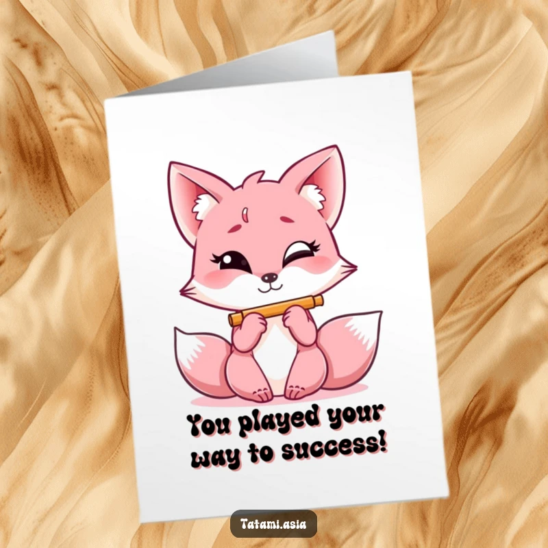Funny Free Printable Congratulations Card: A pink fox with a mischievous glint, cheerfully playing a tiny flute.