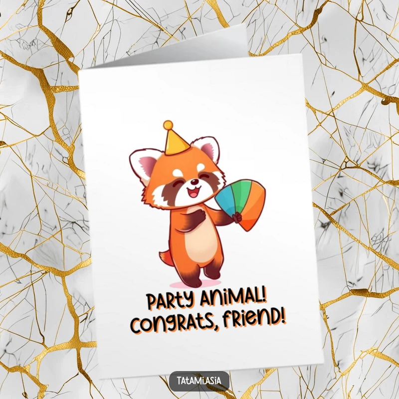 Funny Free Printable Congratulations Card featuring a playful red panda in a conical hat, dancing joyfully with a fan, celebrating achievements.