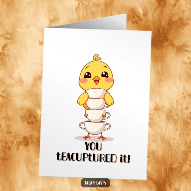 Funny Free Printable Congratulations Card: Yellow bird in a comical pose, balancing a tower of fragile teacups.