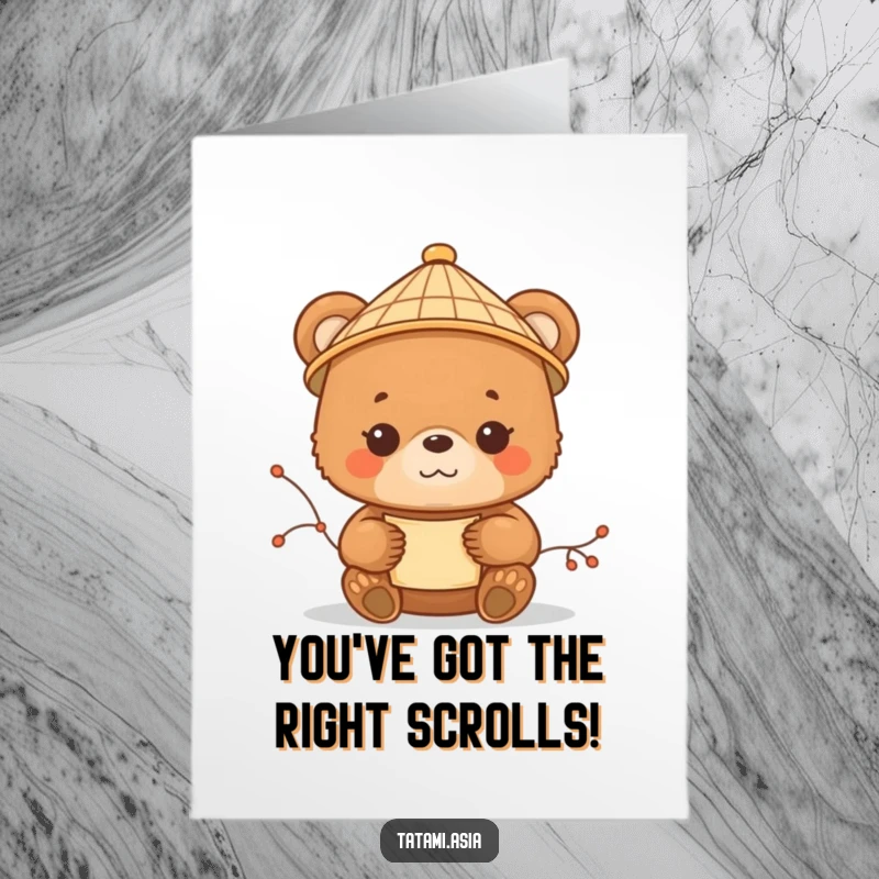 Cute Free Printable Congratulations Card: Brown bear cub wearing a bamboo hat, holding a delicate scroll, looking content.