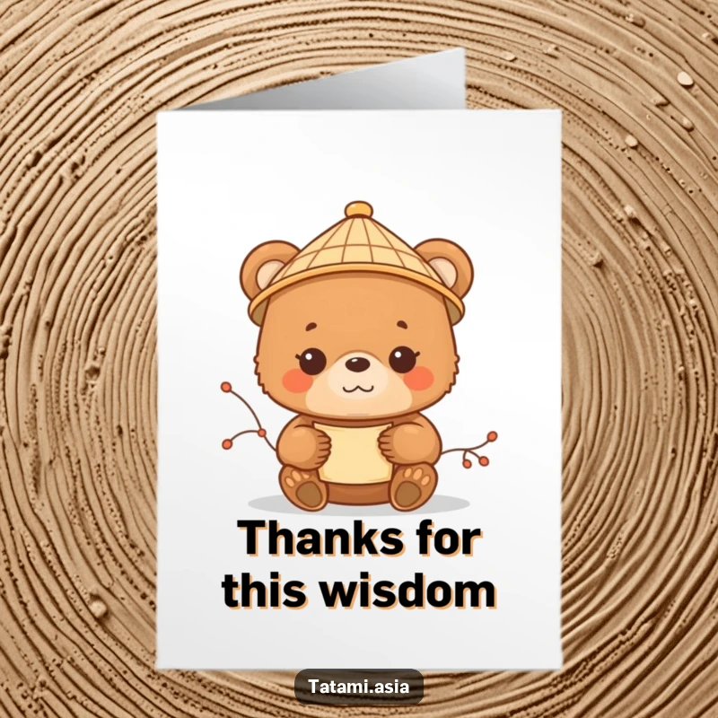 Cute Free Printable Thank You Card: A brown bear cub in a bamboo hat holding a delicate scroll, looking peaceful.