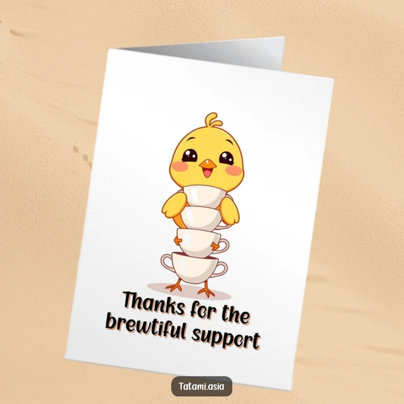 Funny Free Printable Thank You Card: A smiling yellow bird precariously balancing a tall stack of delicate teacups.