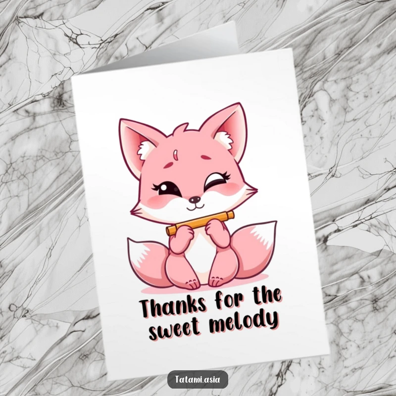 Funny Free Printable Thank You Card: A giggling pink fox with a mischievous glint, playing a miniature flute.