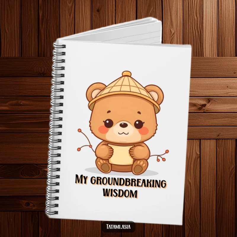 Funny brown bear cub notebook, wearing a bamboo hat, holding a scroll, ready for your peaceful thoughts.