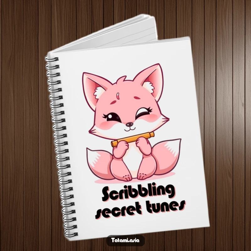 Funny pink fox notebook, giggling with a mischievous glint, playing a small flute, ready for your notes.
