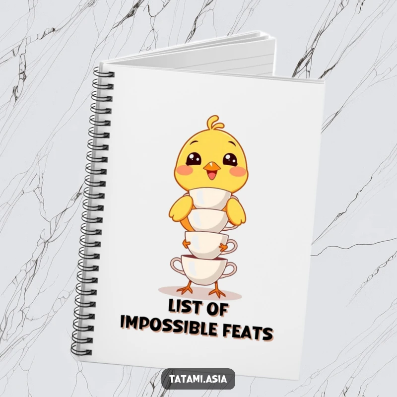 Funny yellow bird notebook, wide smile, balancing a precarious stack of tiny teacups, ready for your notes.
