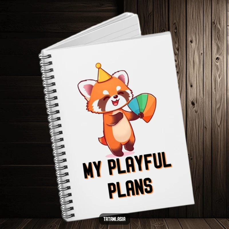 Funny notebook with a playful red panda wearing a conical hat and dancing with a colorful fan.