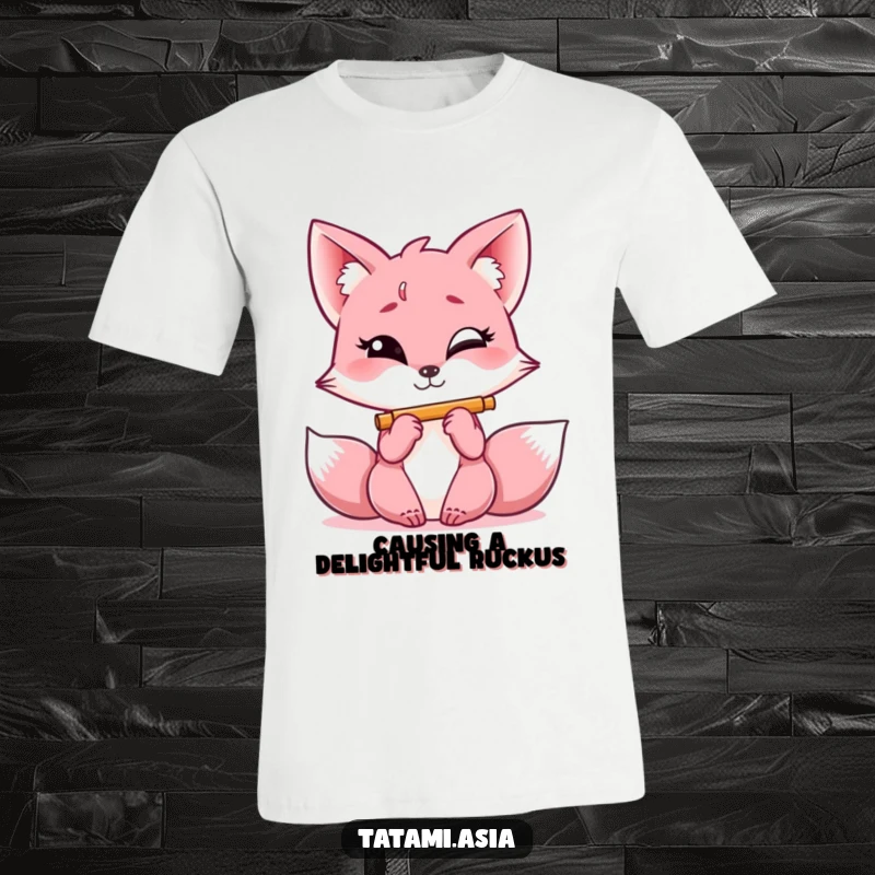 Funny pink fox t-shirt, giggling with a mischievous sparkle, intently playing a tiny flute.