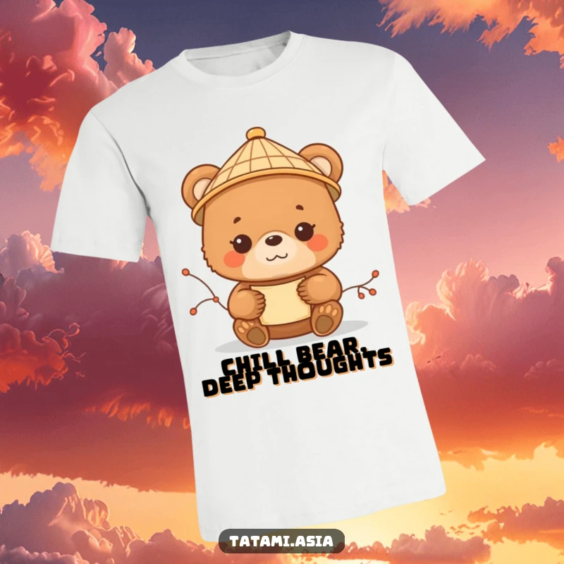 Funny brown bear cub t-shirt, sporting a bamboo hat, holding a scroll, exuding peaceful contentment.