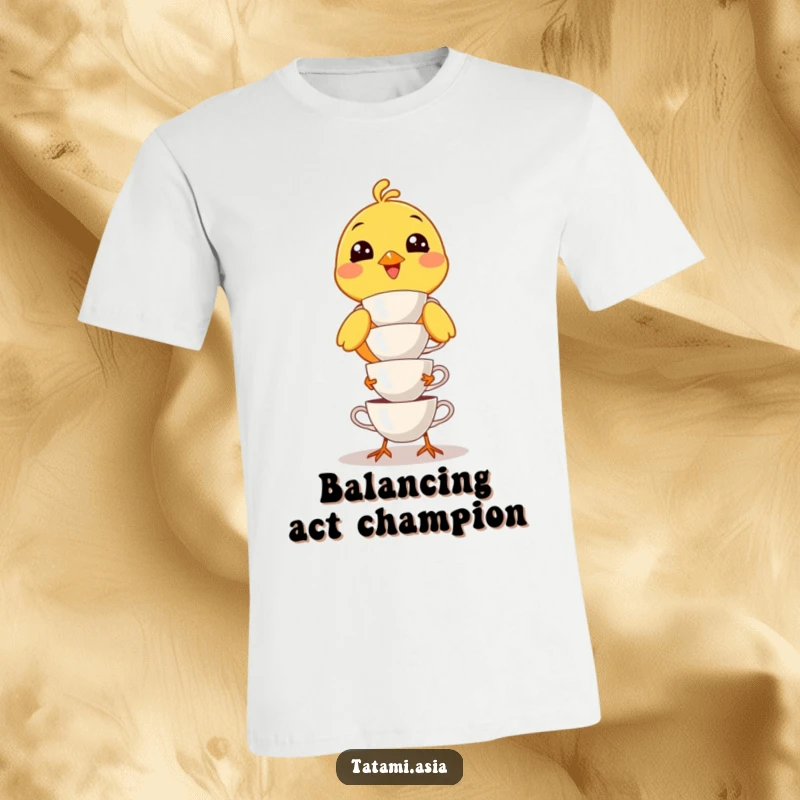 Funny yellow bird t-shirt, teetering with a stack of tiny teacups, wide smile, expressing comical effort.
