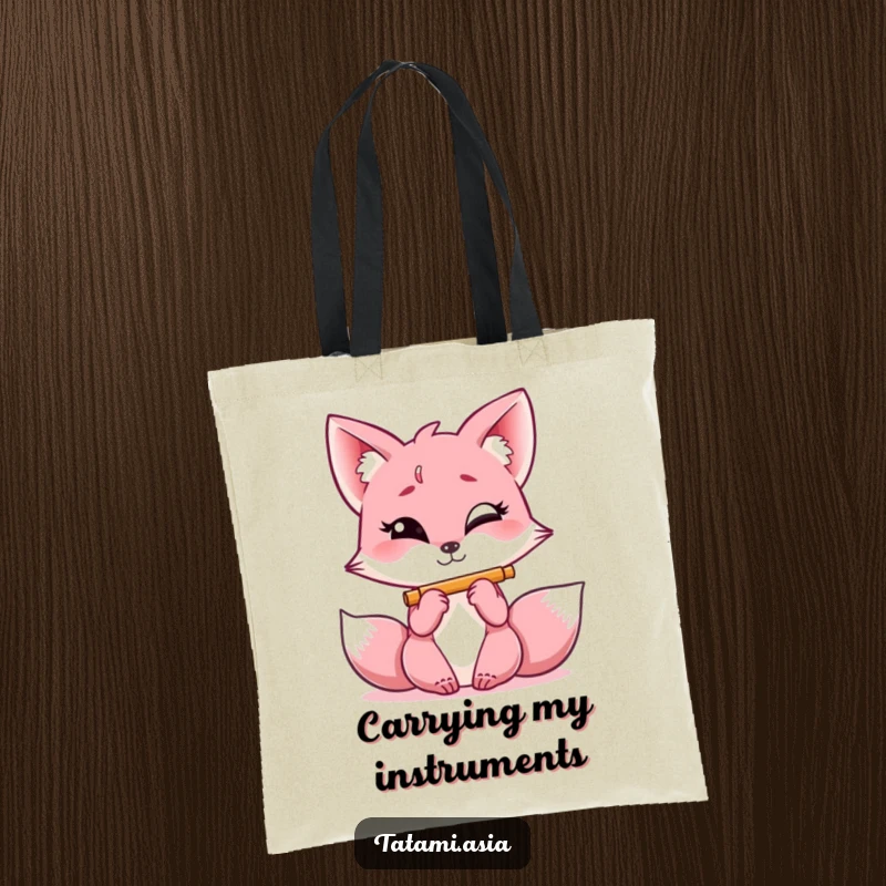 Funny pink fox tote bag, giggling with a playful glint, performing a tune on a tiny flute.